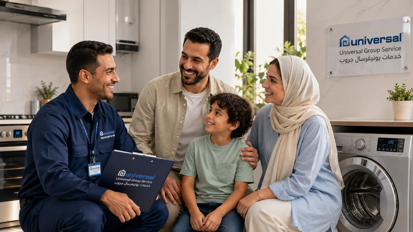 أسرة مصرية سعيدة مع فني Universal Group Service بعد صيانة أجهزة يونيفرسال المنزلية